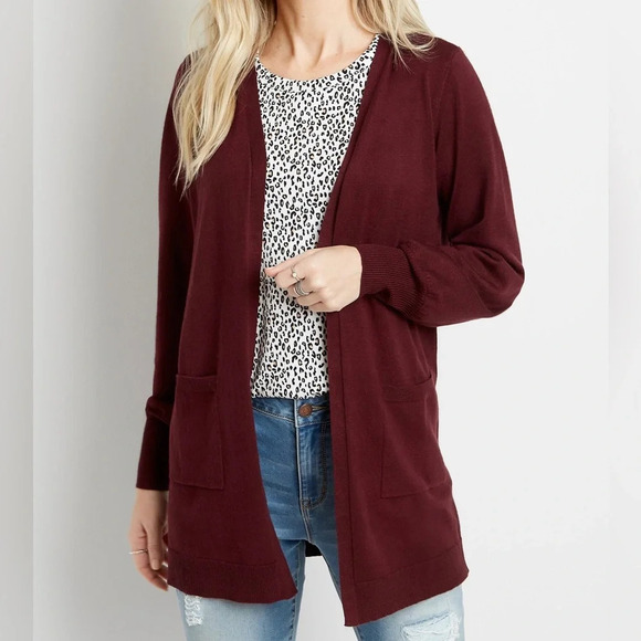 Maurices Burgundy Blouson Sleeve Open Front Cardigan Small Women’s - Picture 1 of 11